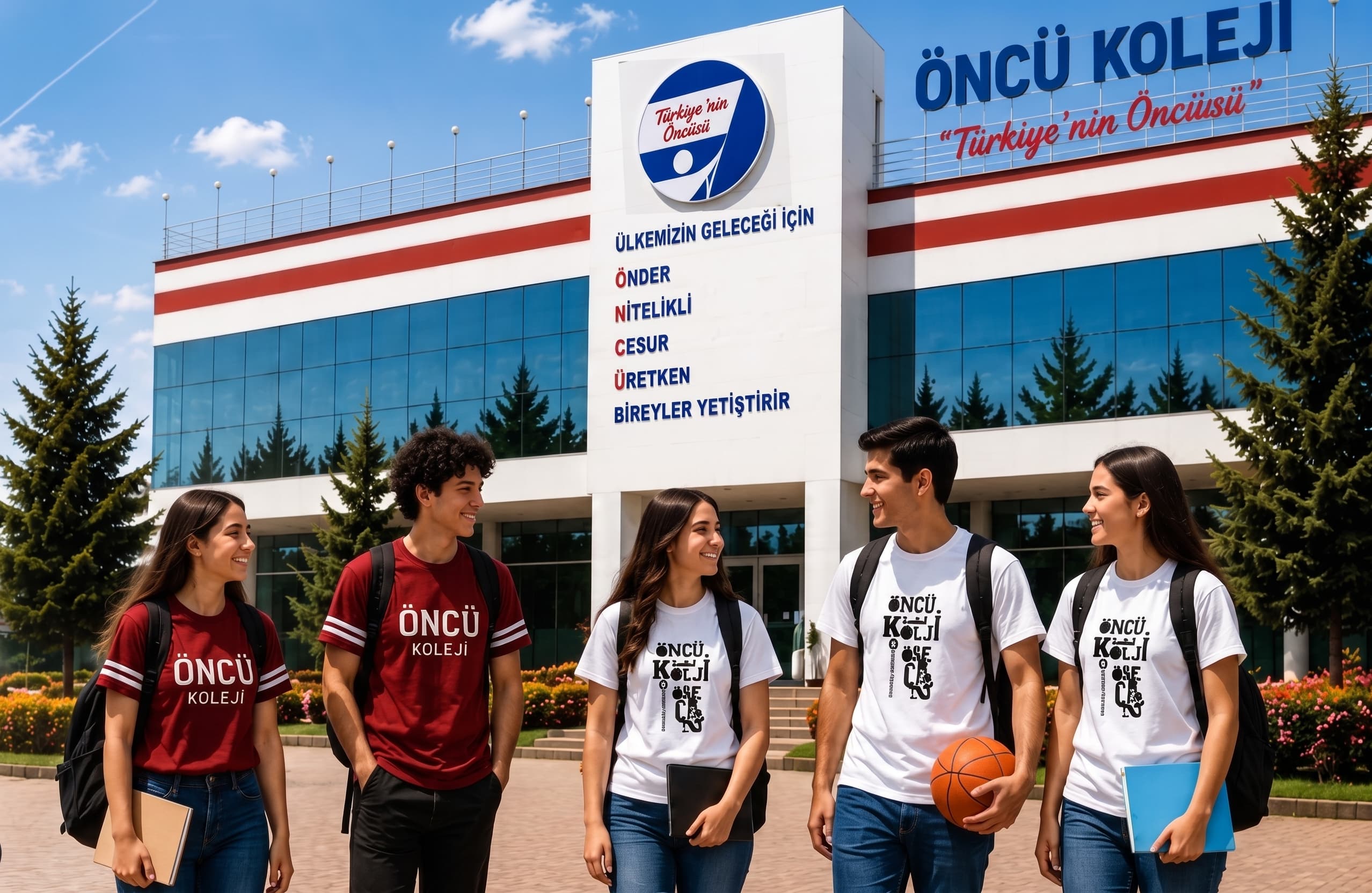 Öncü Koleji binası önündeki öğrenciler